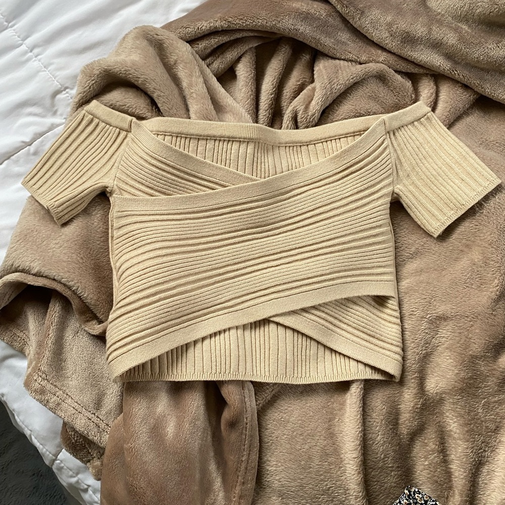Beige Off-Shoulder Ribbed Top